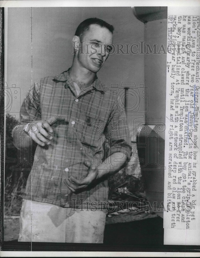 1959 Press Photo Mechanic George Templeton who saved a boy from a lion , Memphis - Historic Images