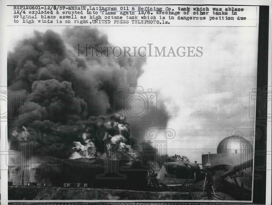 1957 Ingram Oil & Refining Co. tank exploded and erupted into flames - Historic Images