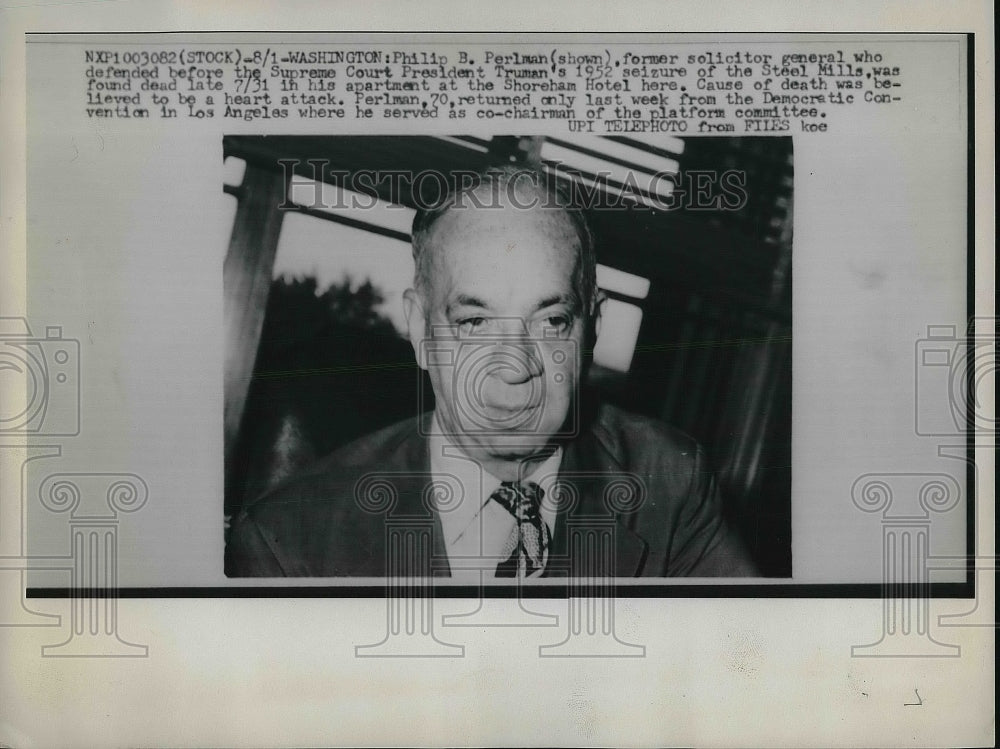1960 Press Photo Philip B. Perlman, ex solicitor gen found dead at his home - Historic Images