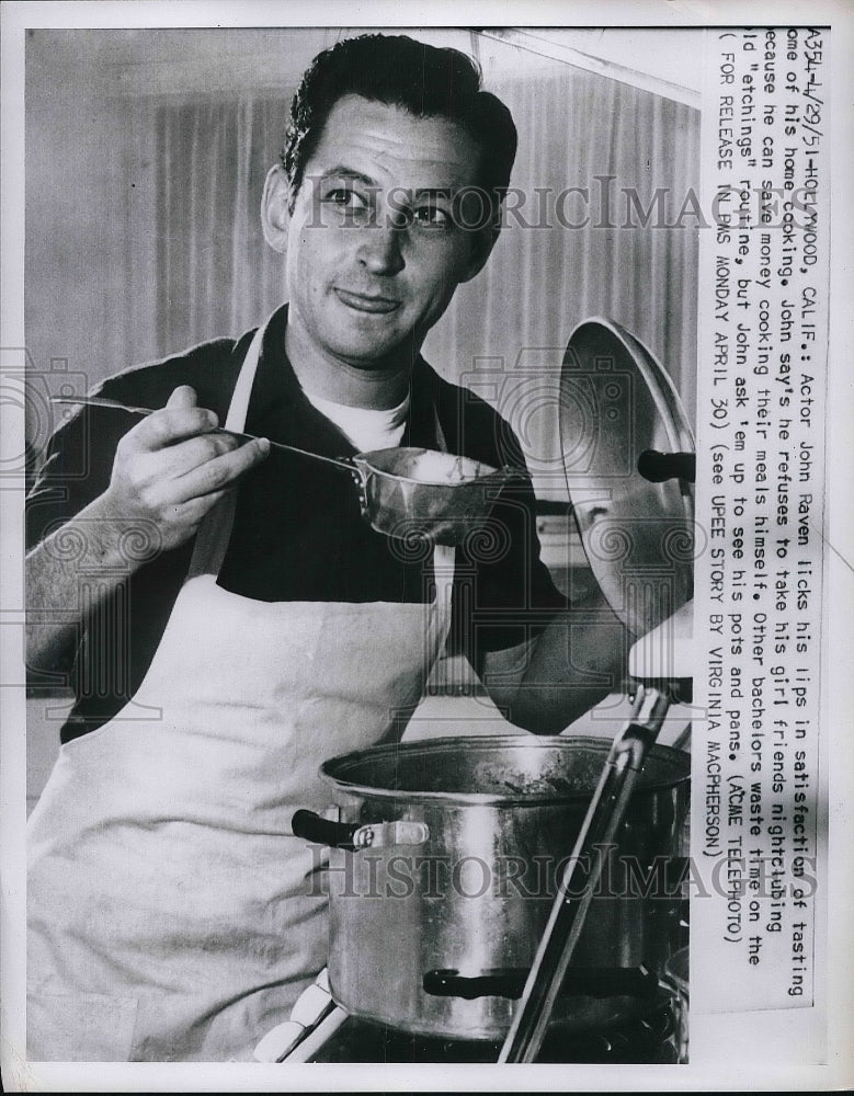 1951 Actor John Raven Testing Home Cooking in Hollywood Home - Historic Images