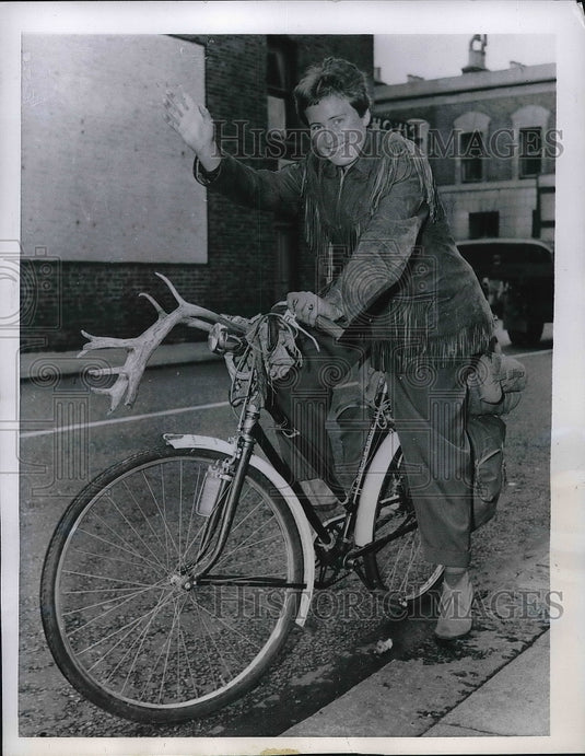 1956 Canadian School Teacher Mary Ann Lake Riding Bicycle in London - Historic Images