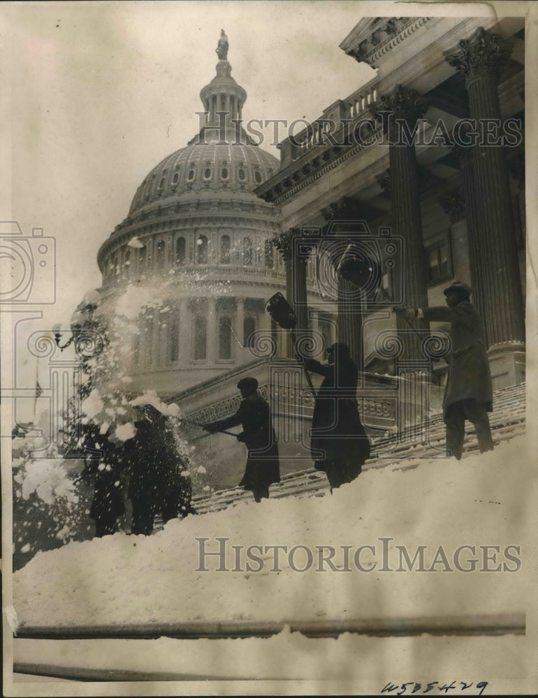 1939 Workmen Clean Steps Snow Off Washington Capitol Building - Historic Images