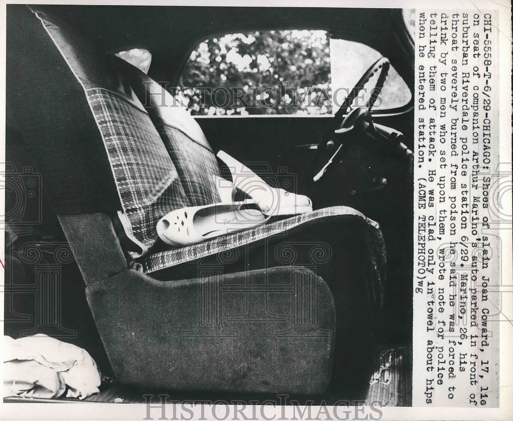 1948 Press Photo Shoes of Slain Joan Coward lie on the seat of Arthur Marino. - Historic Images