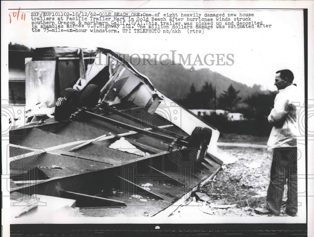 1962 Damaged House Trailer at Pacific Trailer after Hurricane Winds - Historic Images