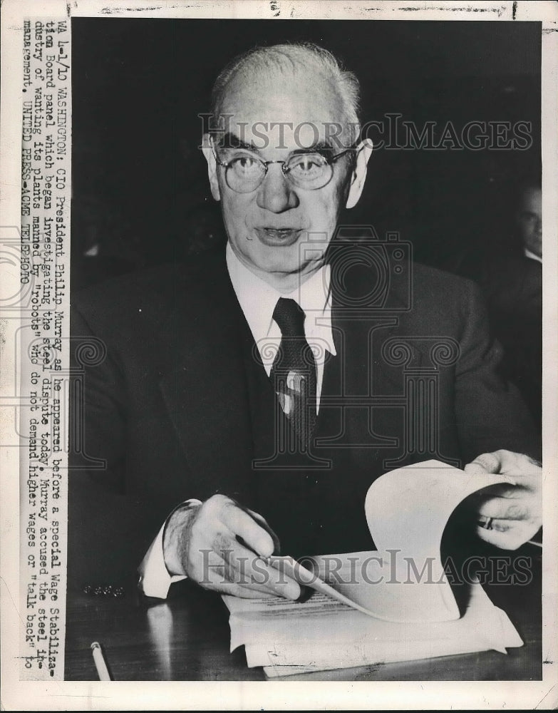 1952 Press Photo CIO Pres. Philip Murray Appears Before Wage Stabilization Board - Historic Images
