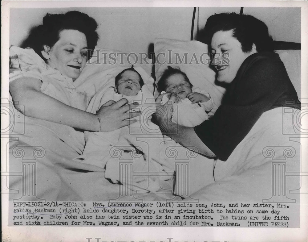 1952 Press Photo Mrs. Lawrence Wagner With Babies & Sister, Mrs. Fabian Buckman - Historic Images