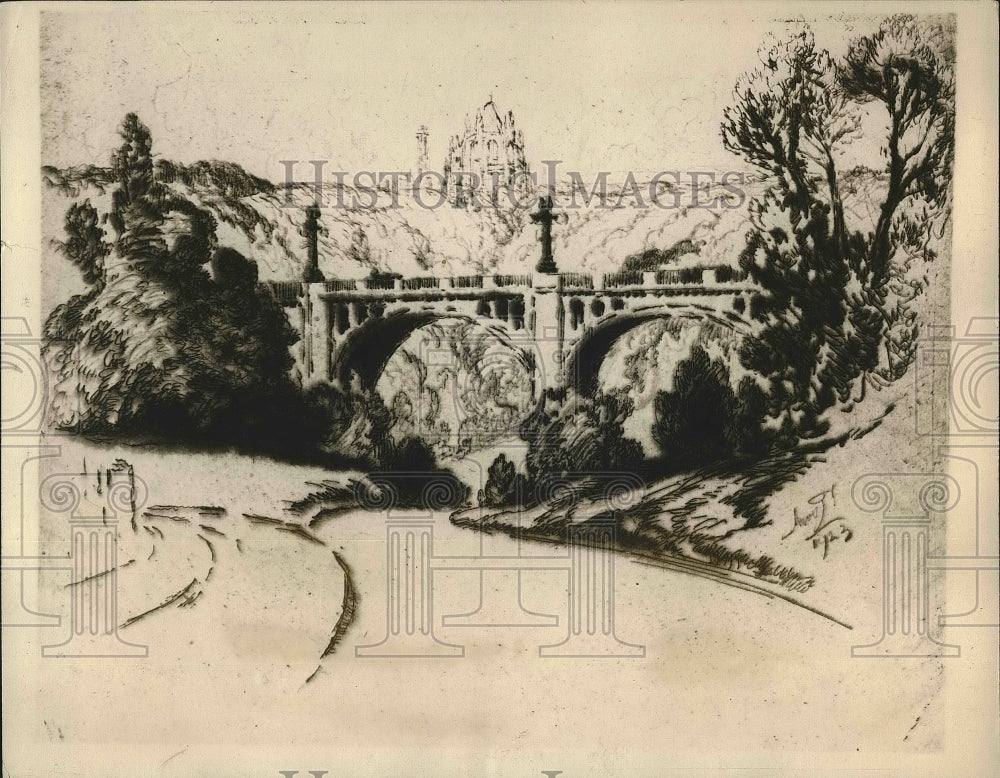 1924 of sketch Connecticut Ave.Bridge with Cathedral in background - Historic Images