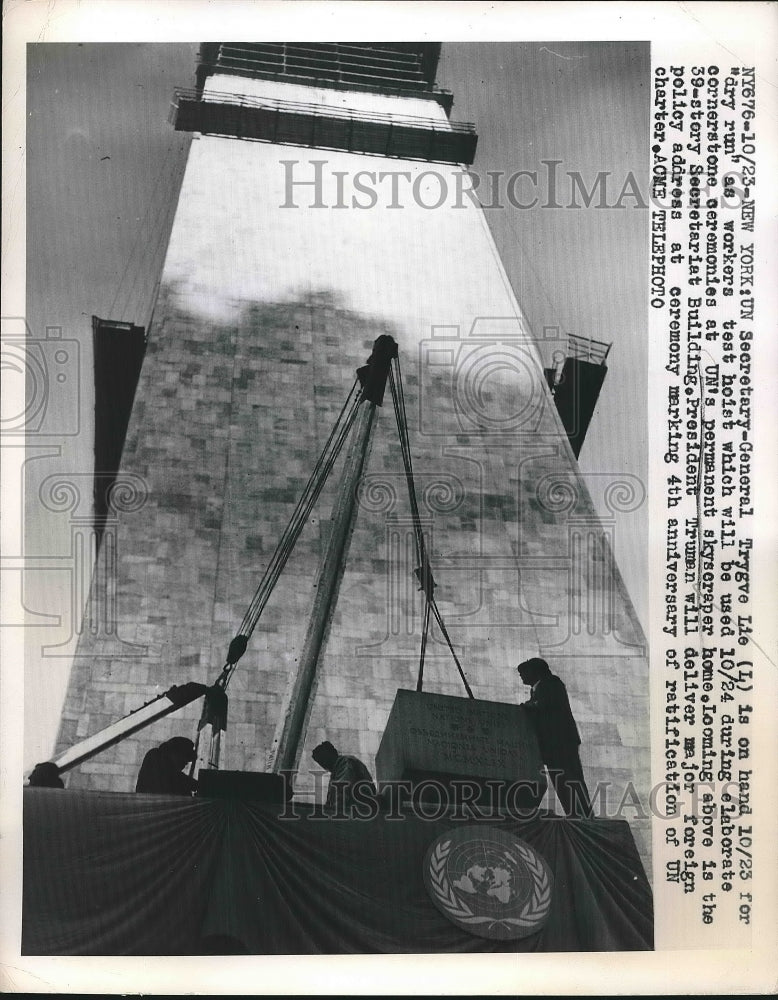 1949 Press Photo Secretary General Trygve Lie UN Skyscraper Ceremony New York - Historic Images