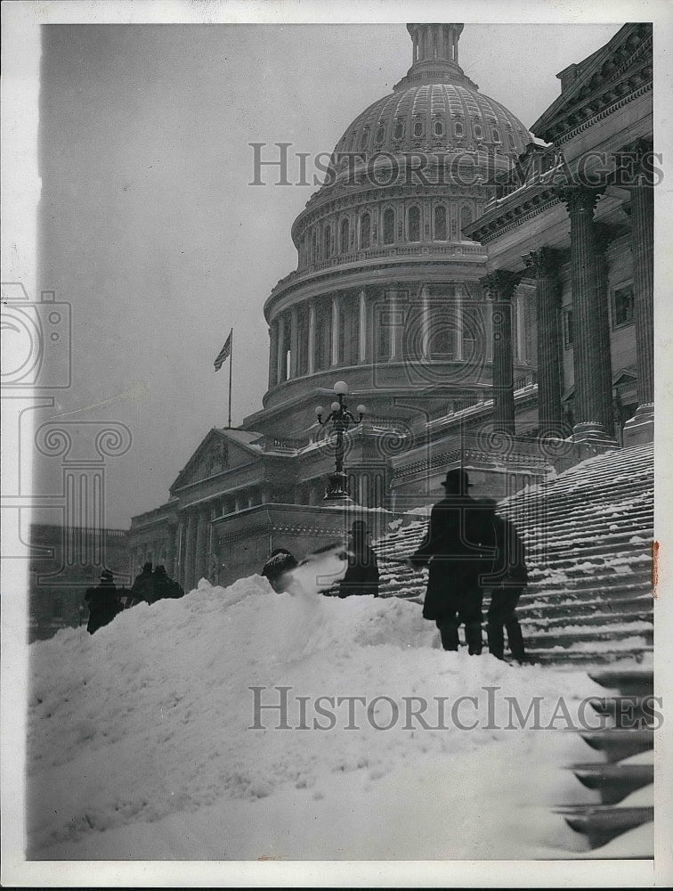 1930 Workmen Clear Stairs Of Capitol In Washington After Storm - Historic Images