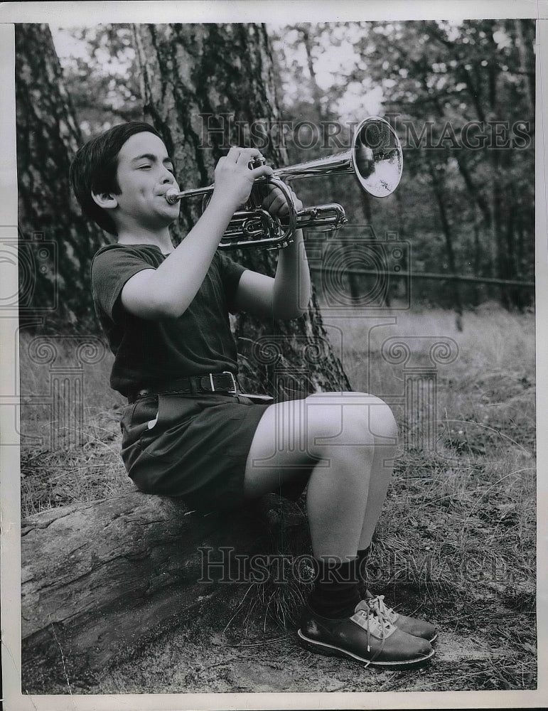 1958 Ellie Goudsmit Practicing Trumpet In Woods Of Music Camp - Historic Images