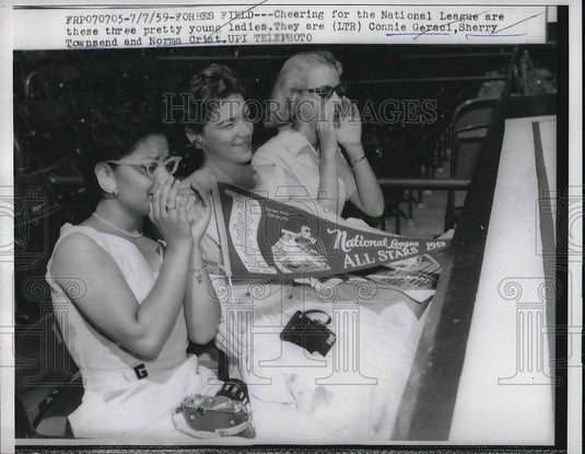 1959 Connie Geraci, Sherry Townsend, Norma Crist cheer for National - Historic Images