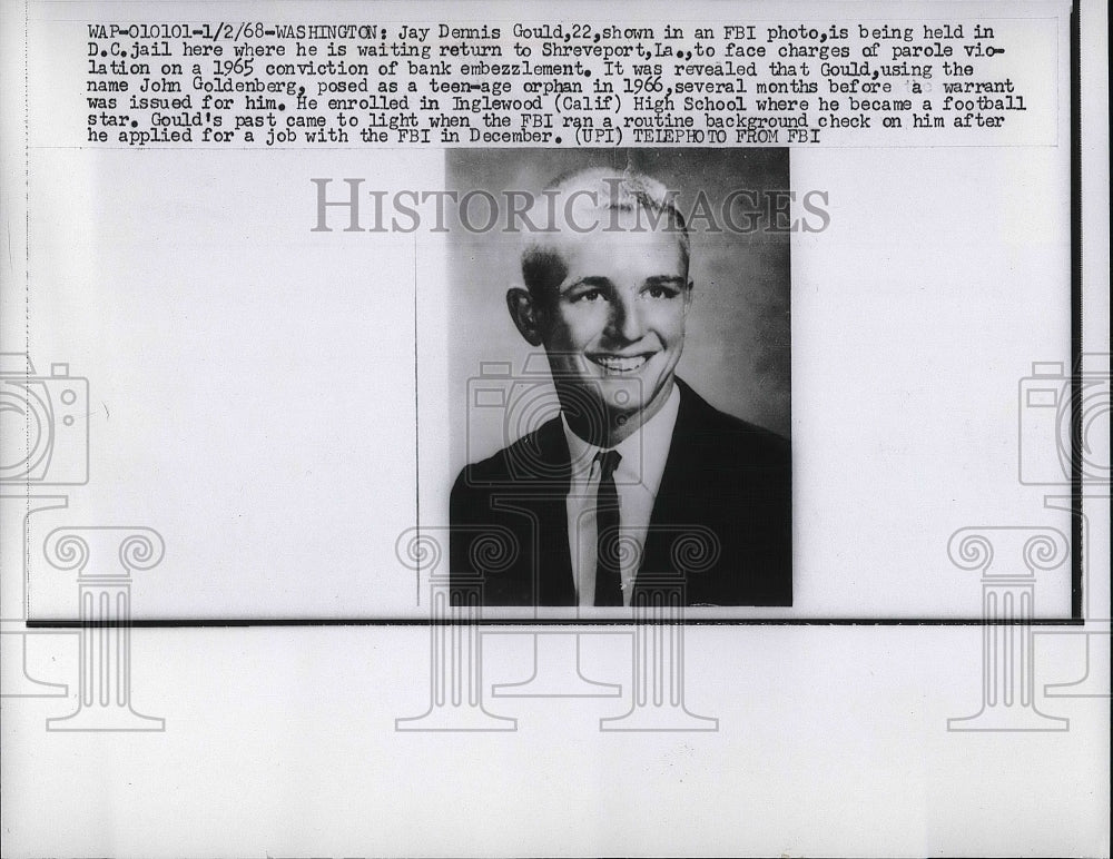 1968 Press Photo Jay Dennis Gould to face charges of parole violation - Historic Images