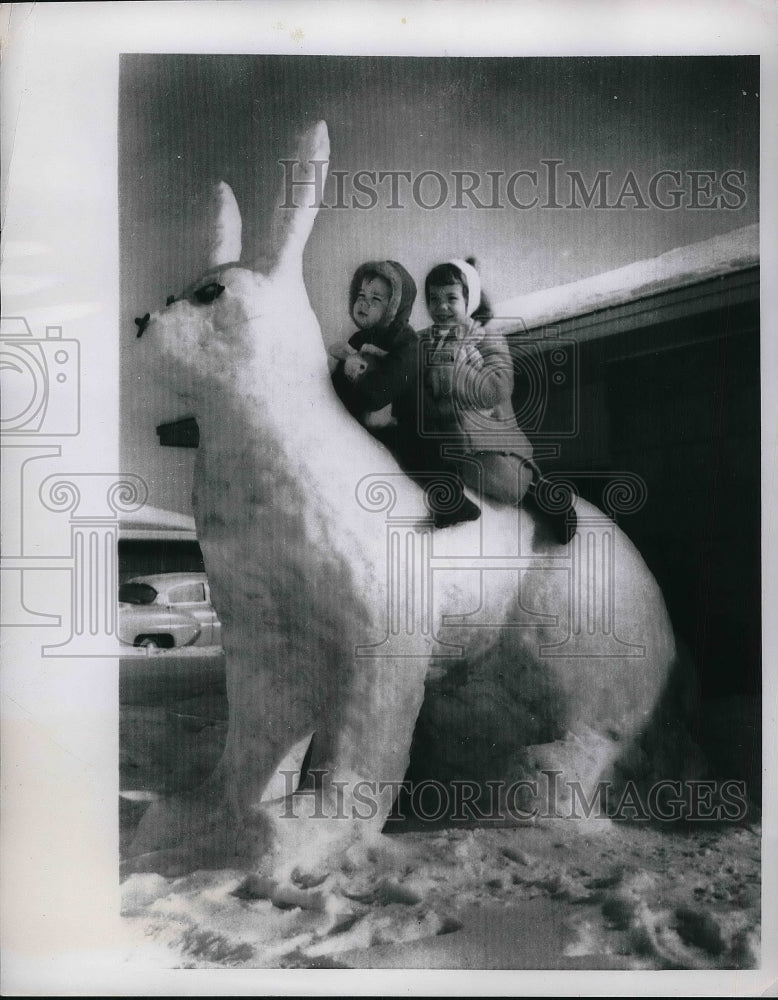 1956 Paul Crosby &amp; Sister Cheryl On Giant Ice Rabbit In Snow - Historic Images