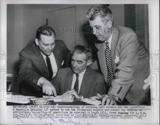 1955 Reps of striking RR workers, PF Osborn,GC Howard,FA O'Neill - Historic Images