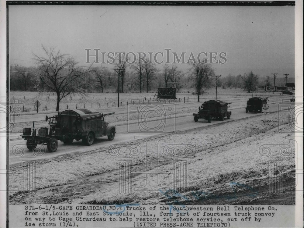 1953 Cape Girardeau, Mo Bell Company trucks convoy to ice storm area - Historic Images