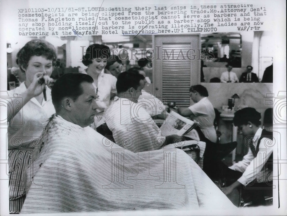 1961 St Louis, Mo atty Gen TEF Eagleton at the barbers  - Historic Images