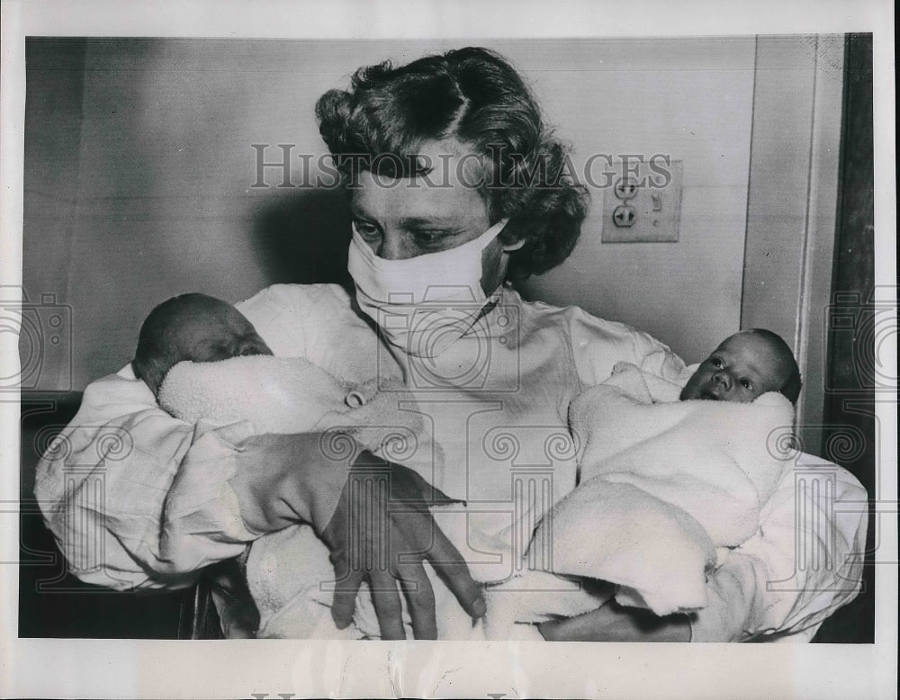 1954 Mrs Wilbur Chapman of Foxboro, Mass &amp; her twin babies - Historic Images
