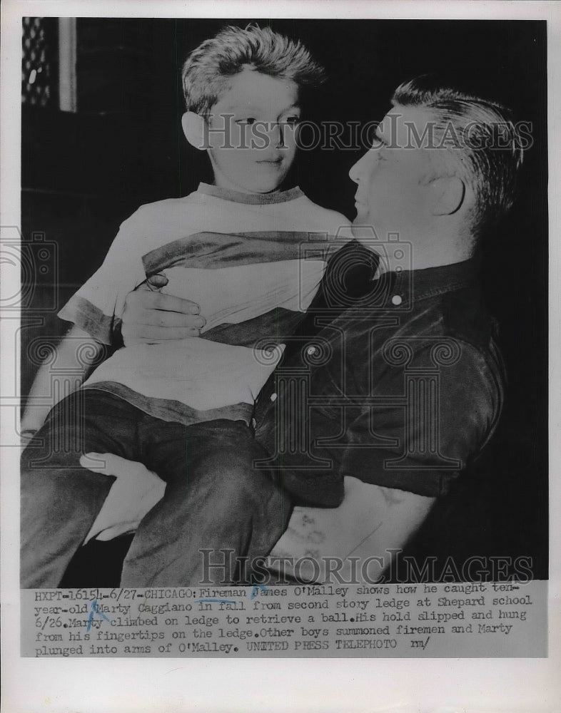 Press Photo Fireman James O&#39;Malley Marty Caggiano Child Caught In a Fall - Historic Images