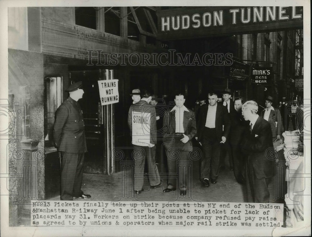 1946 Picketers At NY End Of Hudson & Manhattan Railway  - Historic Images