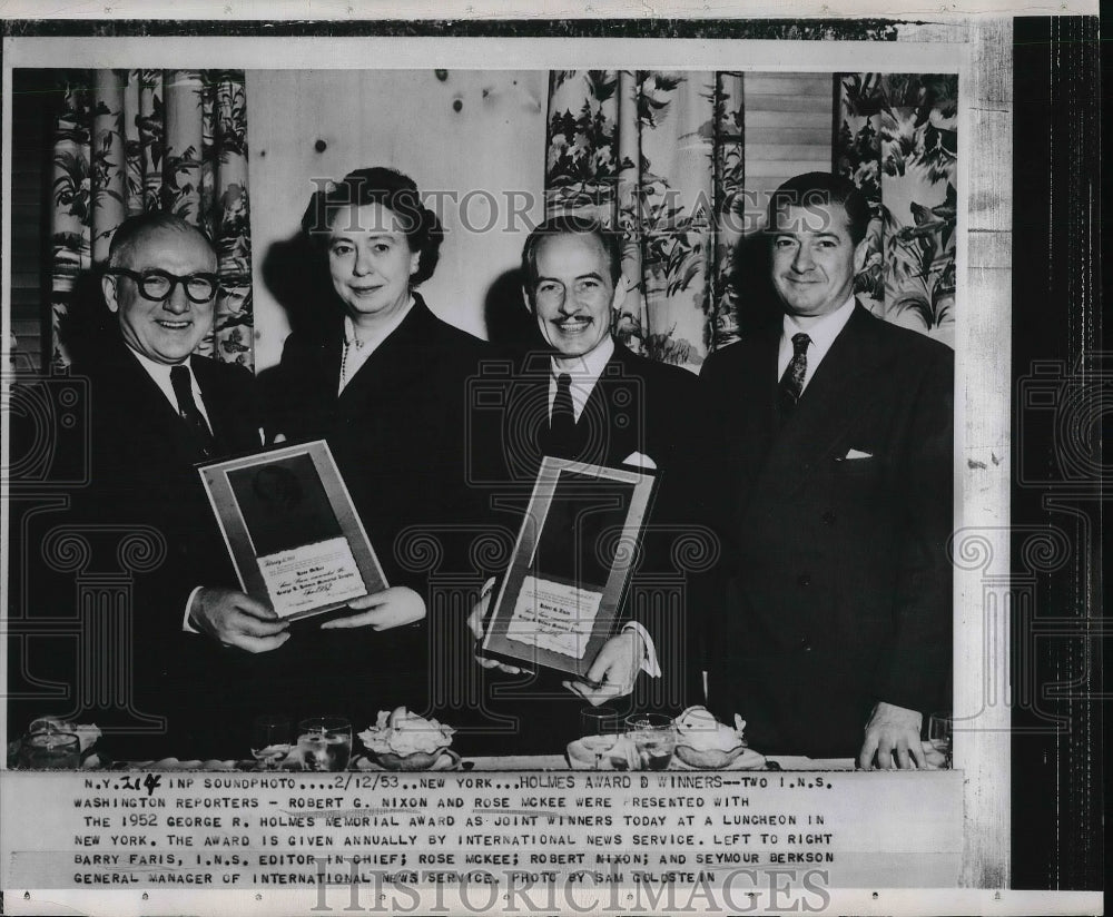 1953 Press Photo Robert Nixon &amp; Rose McKee Presented With Holmes Award - Historic Images