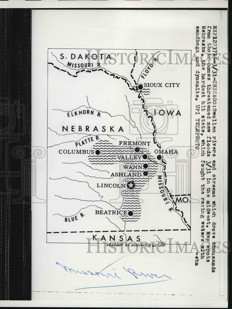 1960 A map showing flood zones in Nebraska  - Historic Images