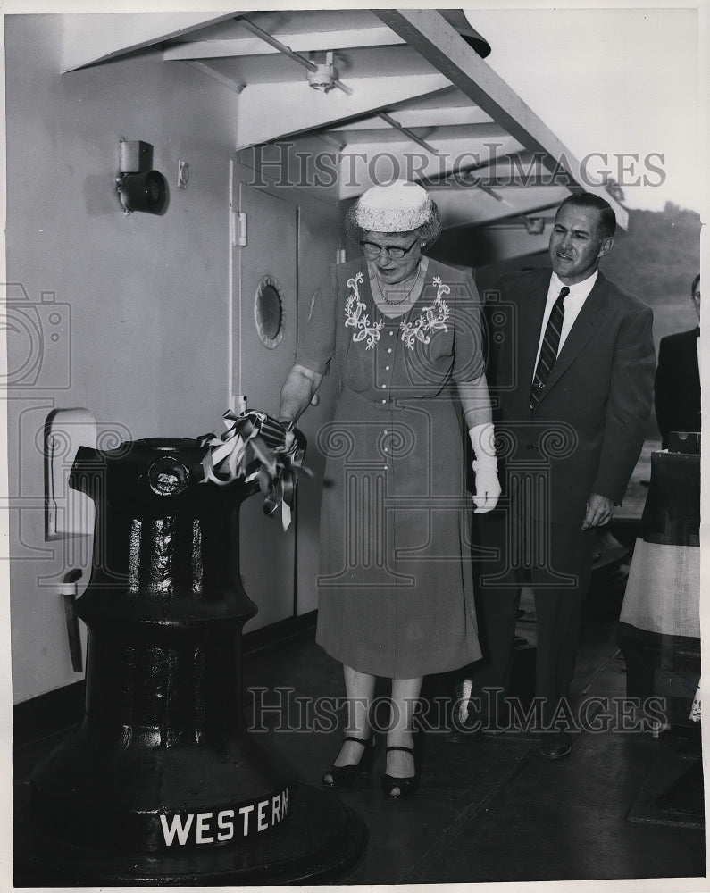1956 Press Photo Mrs L.A. Mertz & W.E. Clark on towboat "Western" - nea96187-Historic Images