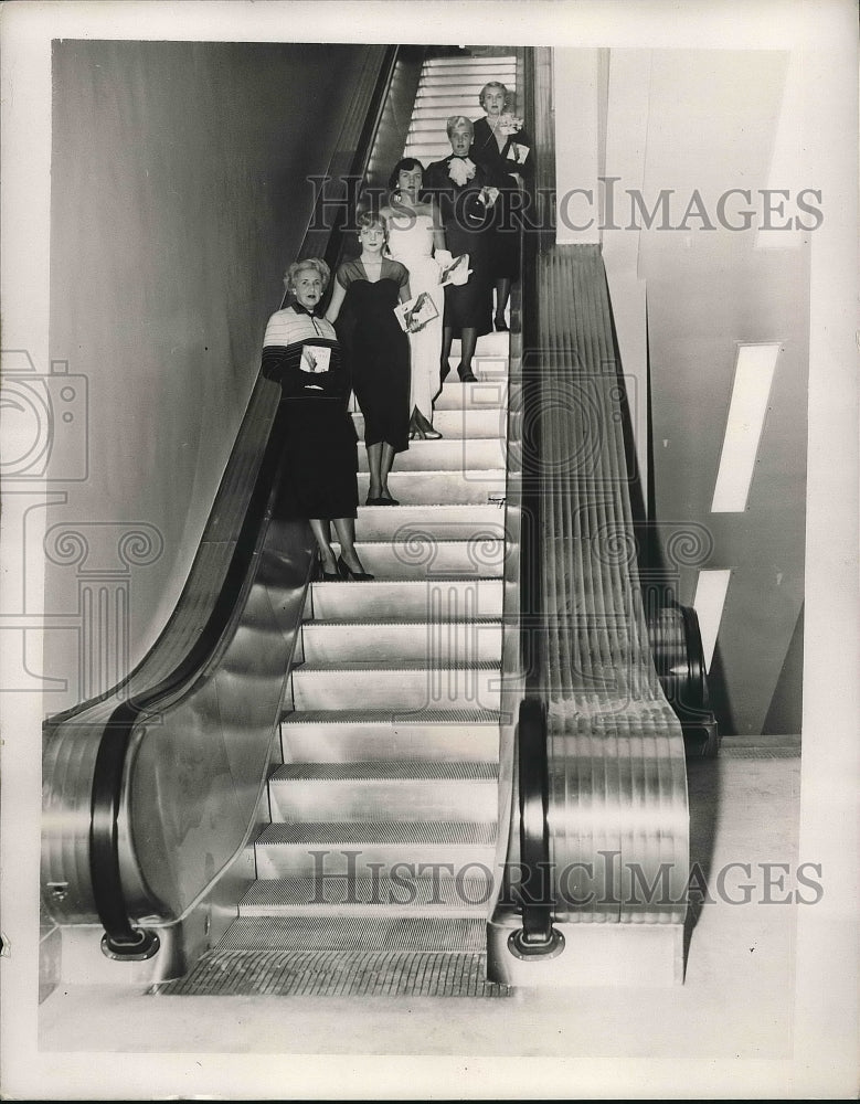 1951 Press Photo Mrs H Nuhfelder,M Brickman,Hasse,Chase, Samuels on escalator - Historic Images