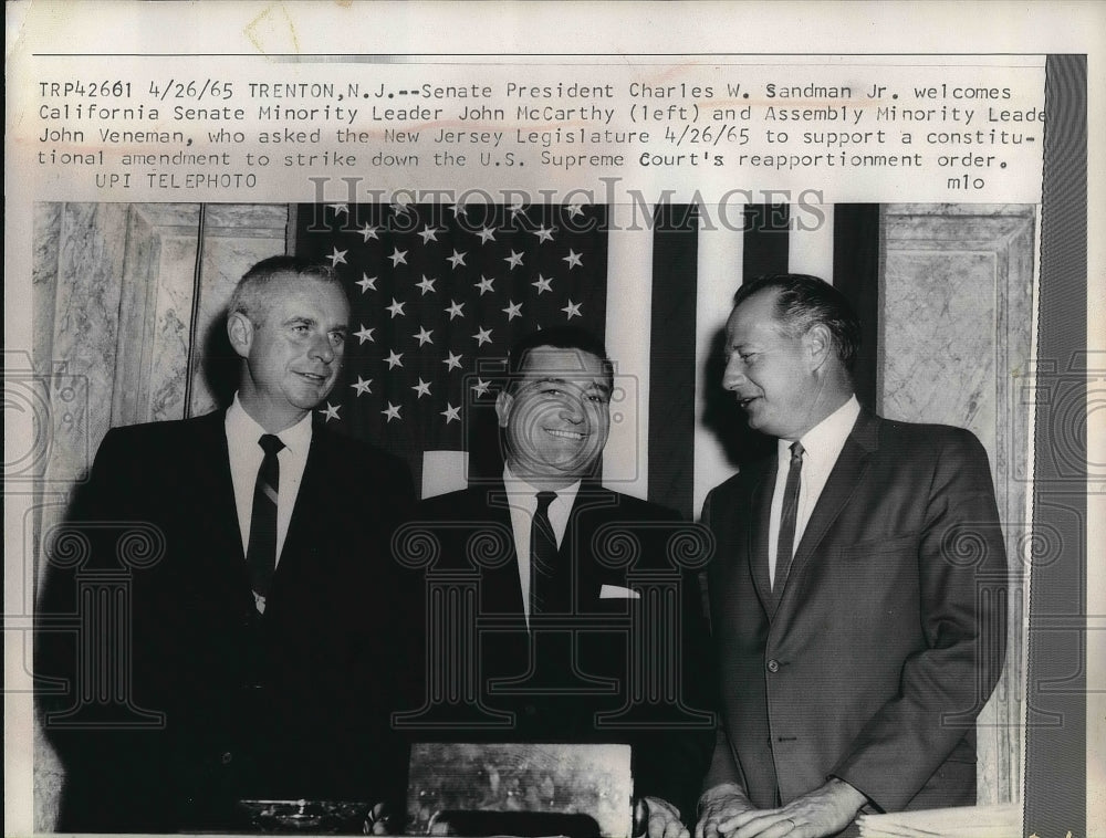 1965 Press Photo Sen. Charles Sandman, Sen. John McCarthy, John Veneman in NJ - Historic Images