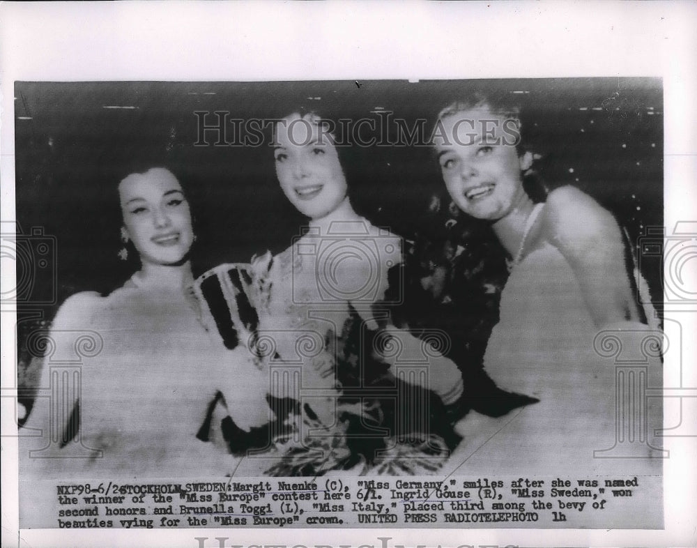 1956 Press Photo Margit Nuenke &quot;Miss Europe&quot;, Ingrid Gouse, Brun Toggi - Historic Images