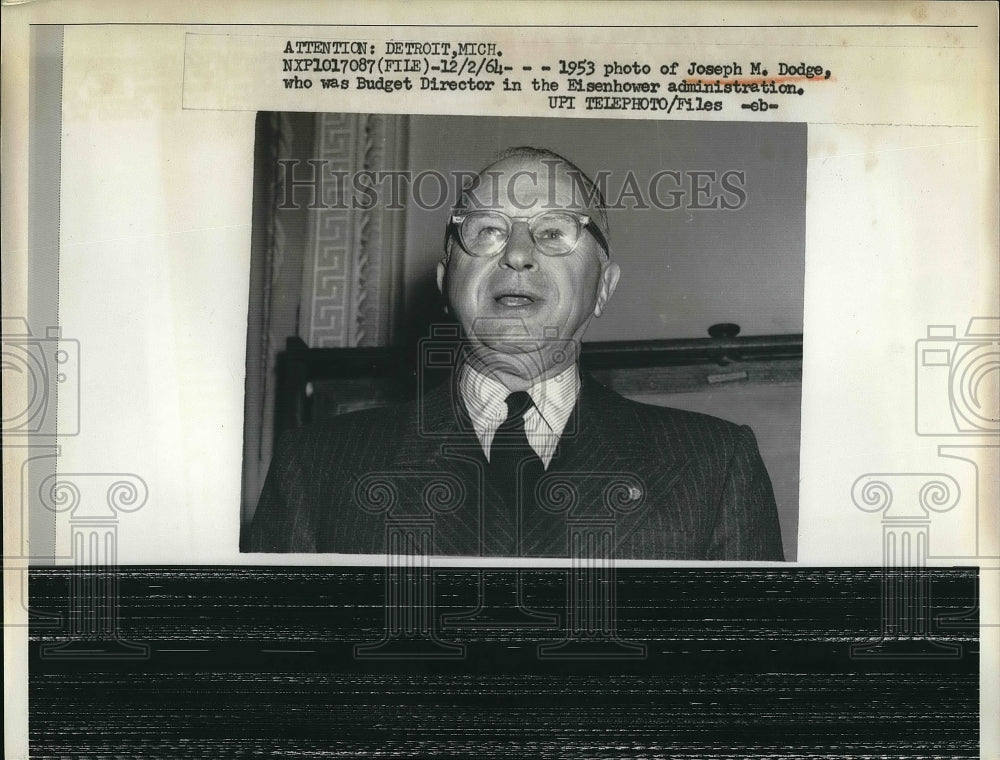 1964 Press Photo Joseph Dodge Budget Director Eisenhower Administration - Historic Images