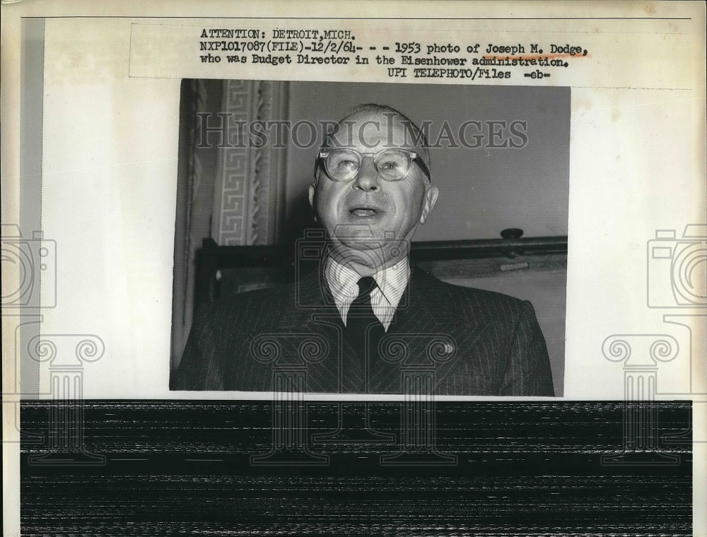 1964 Press Photo Joseph Dodge Budget Director Eisenhower Administration - Historic Images