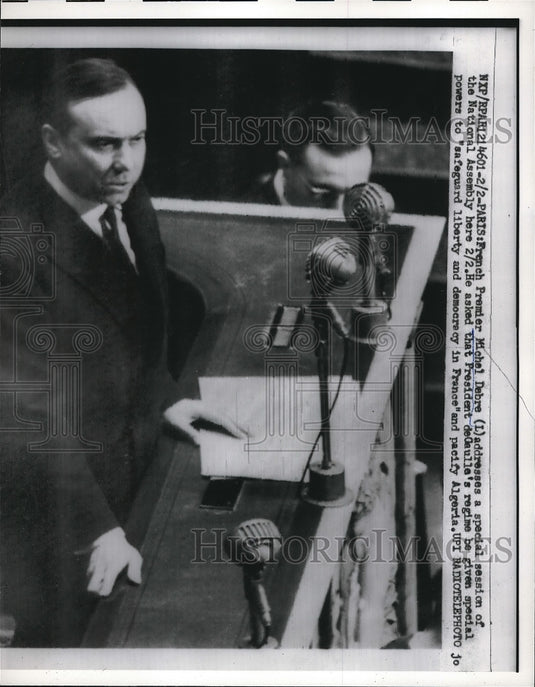 1961 French Premier Michel Debre Giving Speech in Paris Assembly - Historic Images