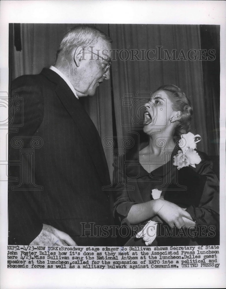1956 Press Photo Singer Jo sullivan &amp; Sec of State John Foster Dulles - Historic Images