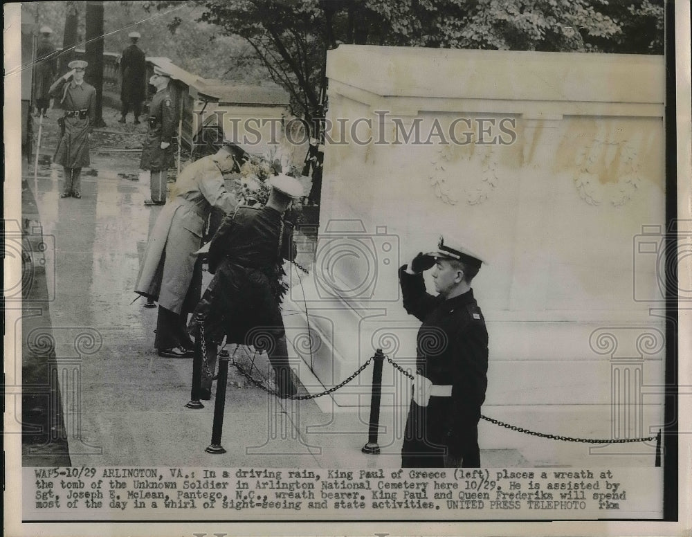 1953 Press Photo King Paul of Greece Places tomb of unknown Solider Arlington - Historic Images