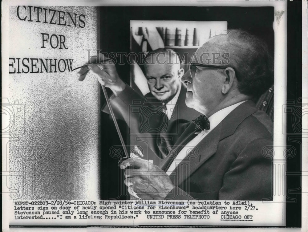 1956 Press Photo Sign Painter William Stevenson Citizens for Eisenhower Door-Historic Images