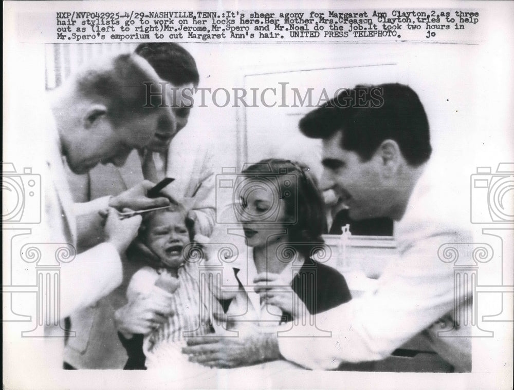 1958 Press Photo toddler Margaret Ann Clayton dosen&#39;t like getting hair cut - Historic Images