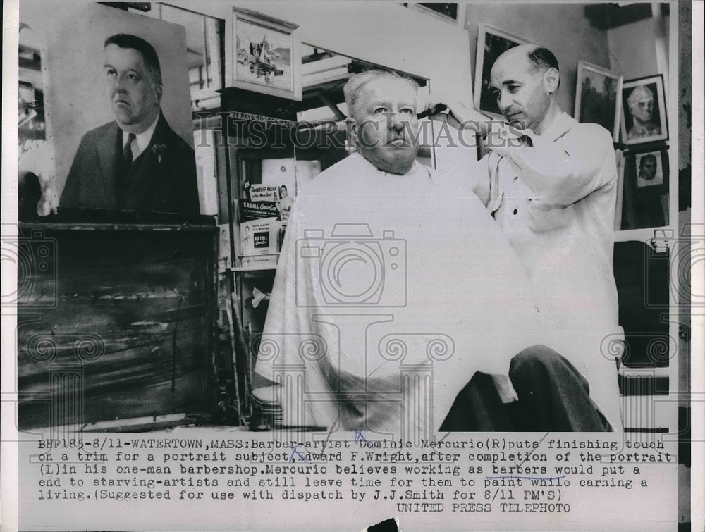 1954 Press Photo Barber-artist Dominic Mercurio finishing to trim the hair of - Historic Images