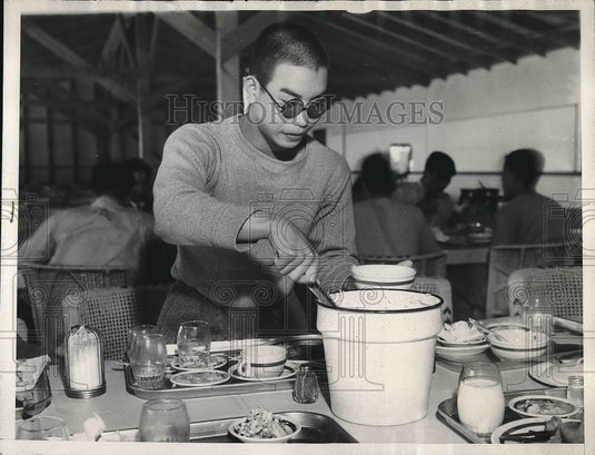 1932 Swimmer K. Reio at lunch in Olympic village  - Historic Images