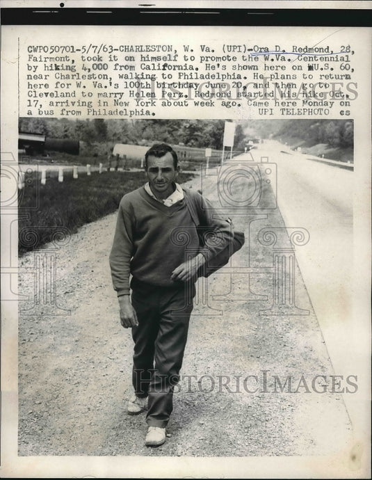1963 Charleston, W Va. Ora D. redmond after hiking 4000 miles - Historic Images