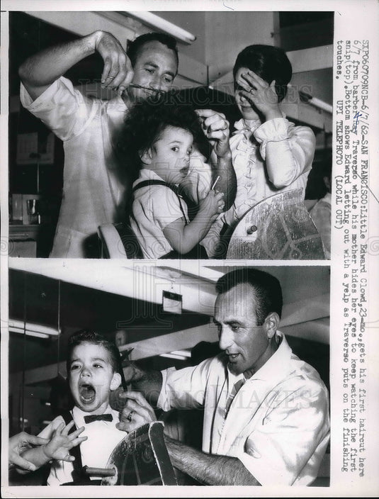 1962 tot Edward Clowd getting his first haircut in San Francisco - Historic Images
