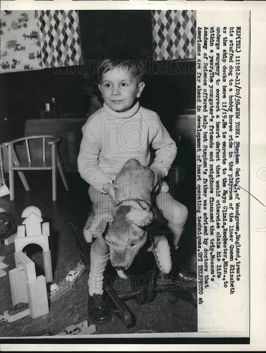 1958 NYC, Stephen Smith, age in playroom of liner Queen Elizabeth - Historic Images