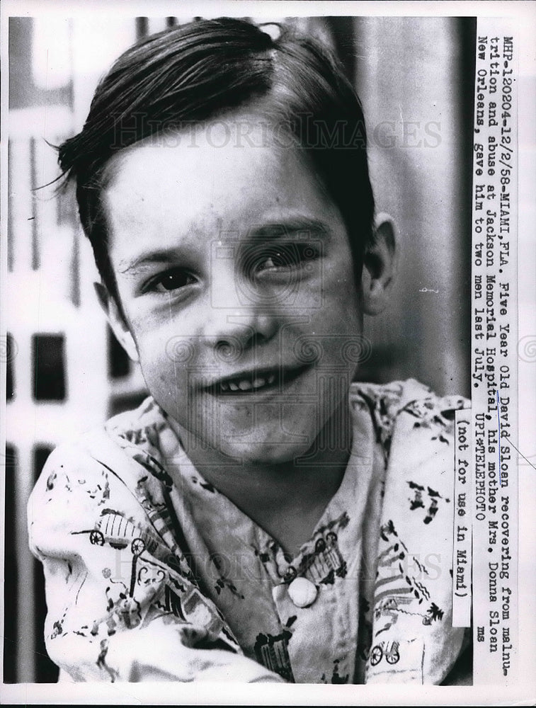 1958 Press Photo Miami, Fla. david Sloan, age 5 recovers abuse, malnutrition - Historic Images