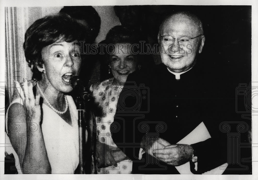 1967 Press Photo Cardinal Spellman Listens as Mrs. John T. Collins Speaks-Historic Images
