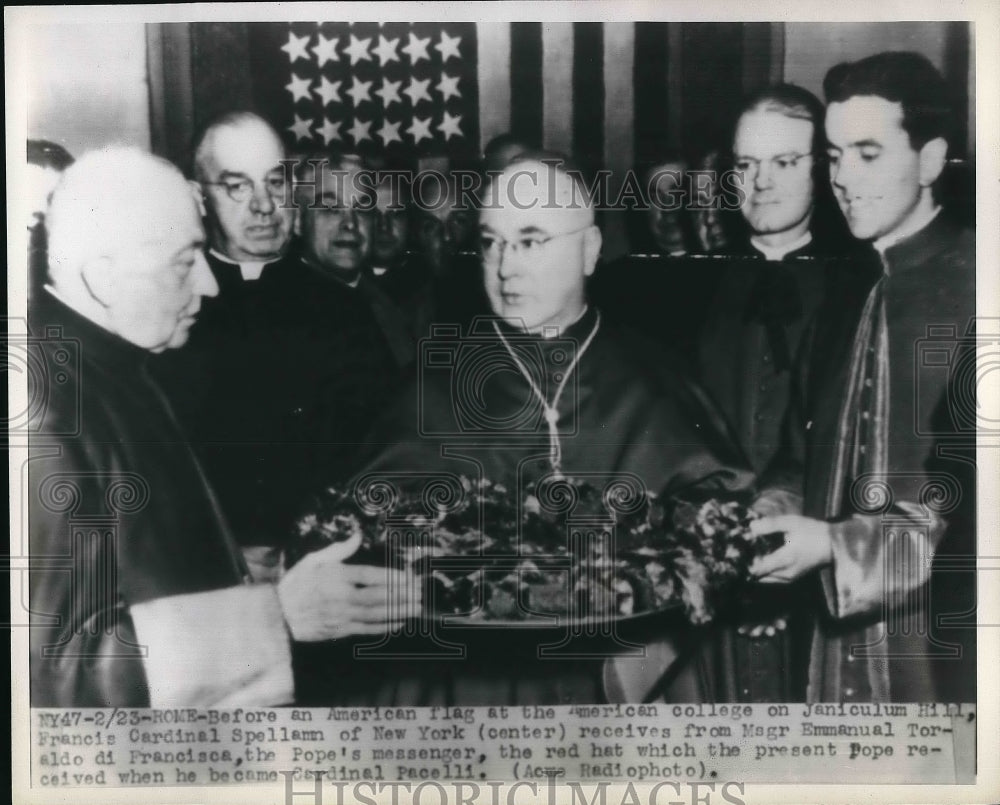 1946 Press Photo Cardinal Spellman Receives Red Hat from Pope's Messenger - Historic Images