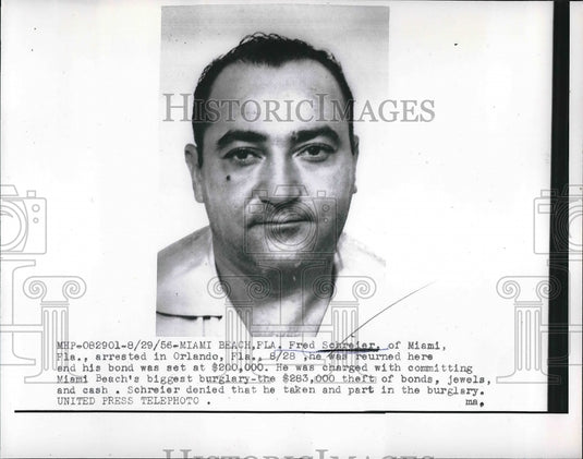 1956 Press Photo Fred Schreier Arrested for Burglary, Miami Beach, Florida - Historic Images
