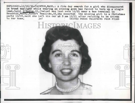 1956 Press Photo Taunton, Mass Carol O'Boyle missing fromher home - Historic Images