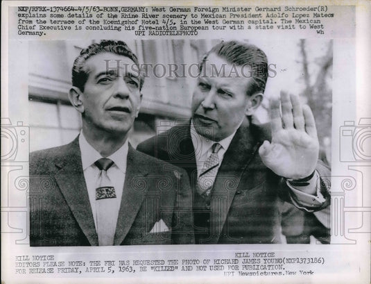 1963 Press Photo Gerhard Schroeder with Adolfo Lopez Mateos in West Germany - Historic Images