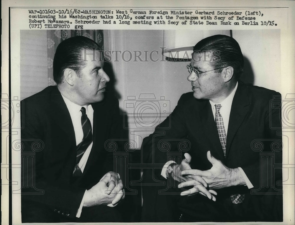 1962 German Foreign Minister Gerhard Schroeder & Robert McNamara - Historic Images