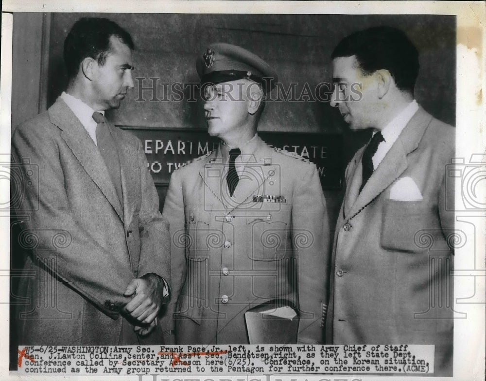 1950 Press Photo Army Sec. Frank Pace Jr., Gen J. Lawton, Asst. Sec. Bandesen-Historic Images