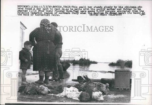 1957 Boy Sits With His Chickens & Family Waiting To Be Rescued - Historic Images